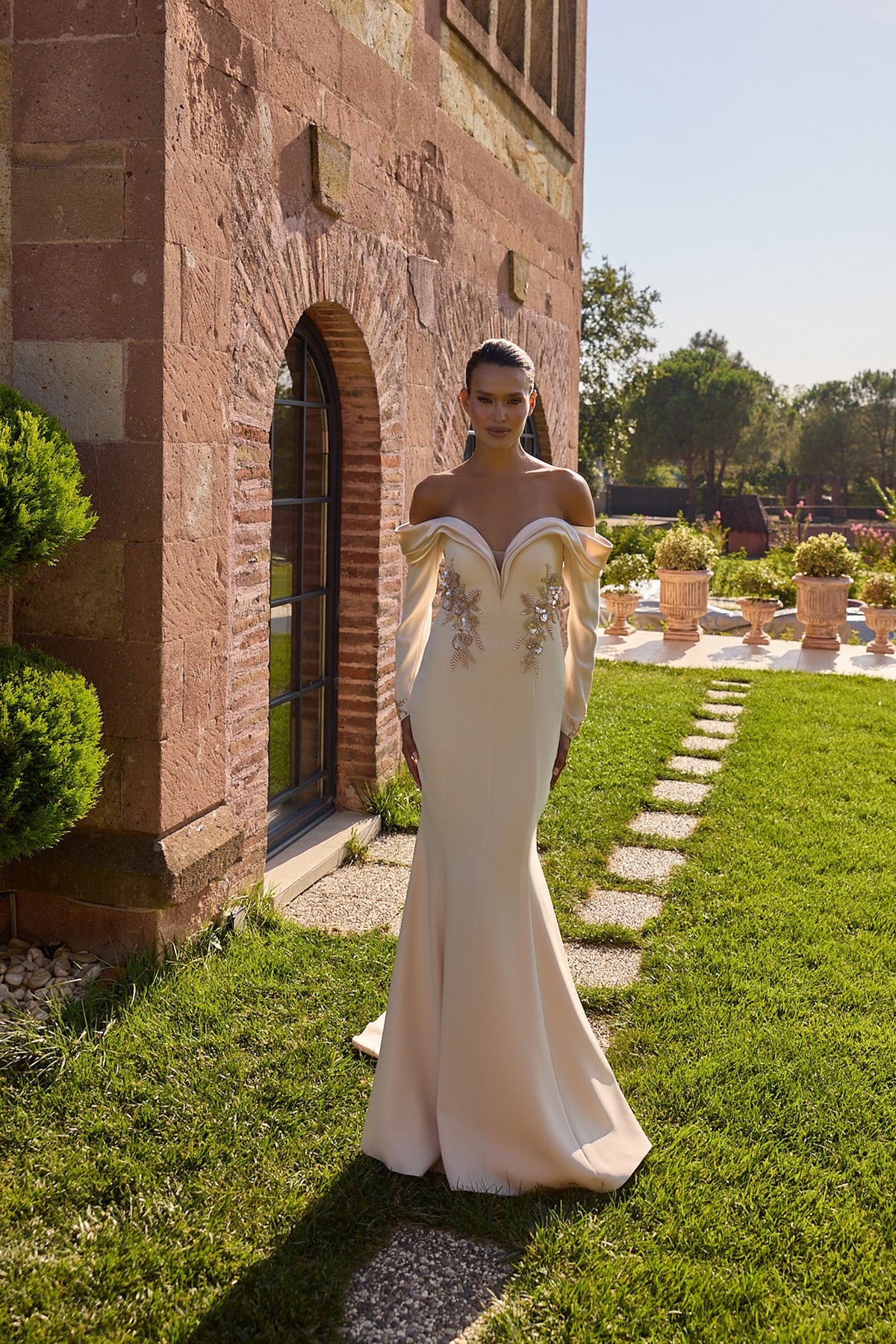 Fleurevia Ivory Sculpted Off-Shoulder Gown