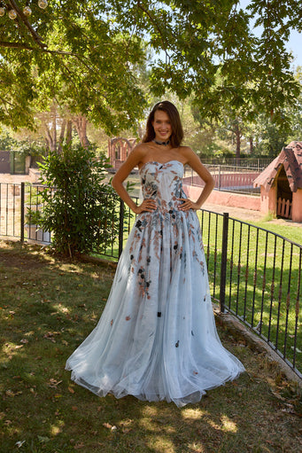 Florivane Ice Blue Floral Tulle Ball Gown