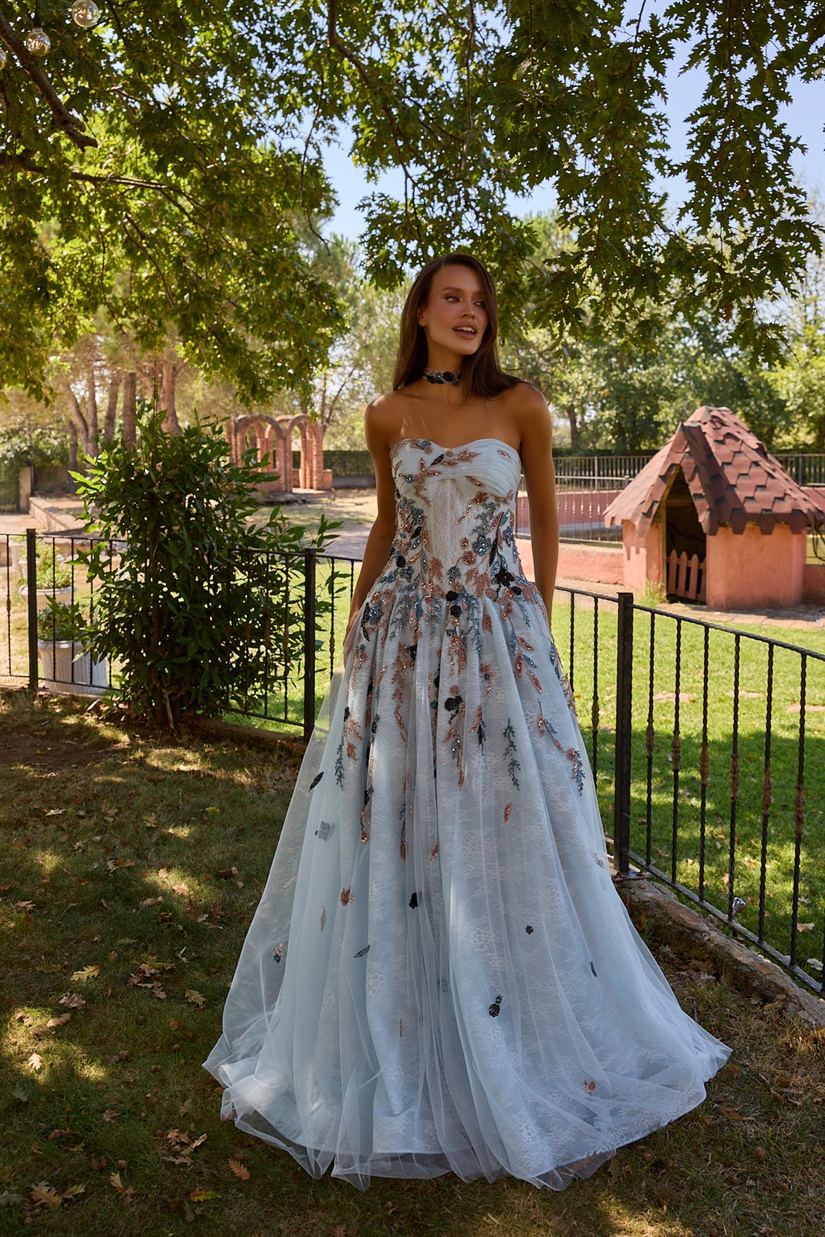 Florivane Ice Blue Floral Tulle Ball Gown