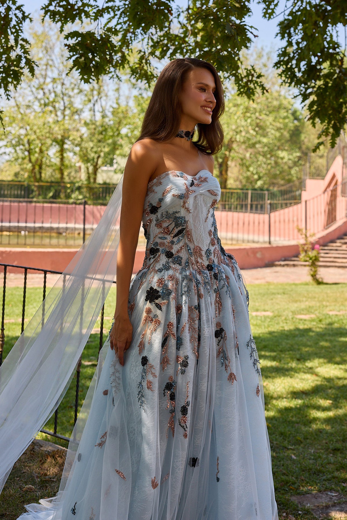 Florivane Ice Blue Floral Tulle Ball Gown