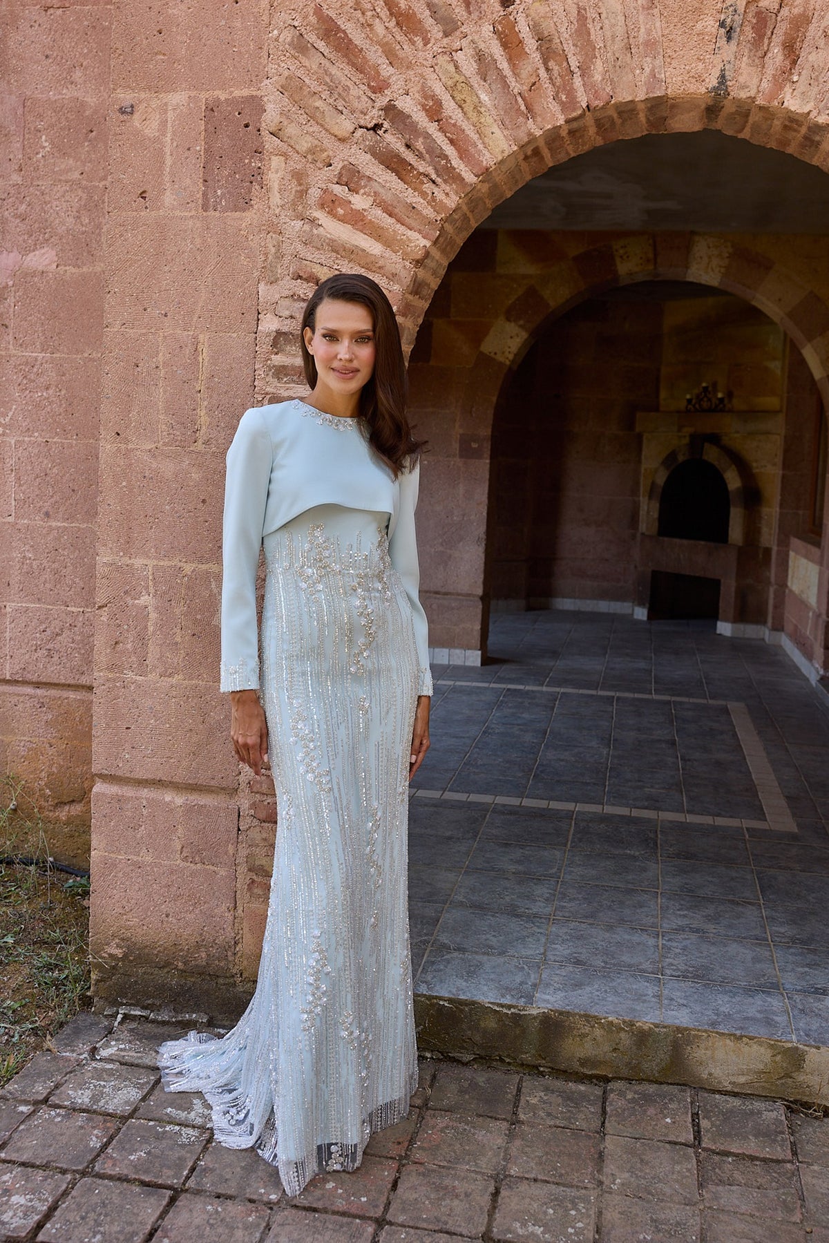 Iceline Ice Blue Long Sleeve Fringe Gown