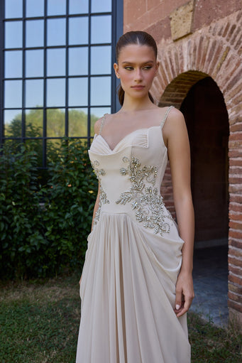 Ismeria Champagne Floral Embellished Draped Gown