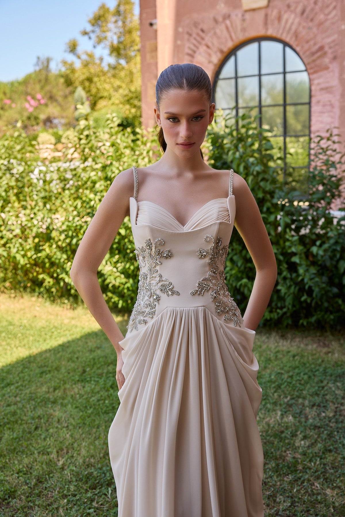 Ismeria Champagne Floral Embellished Draped Gown