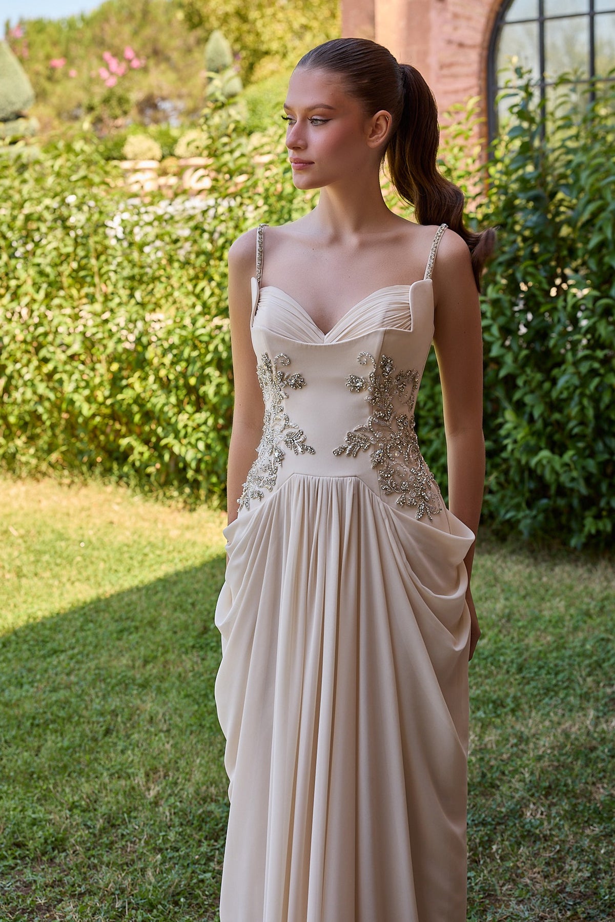 Ismeria Champagne Floral Embellished Draped Gown