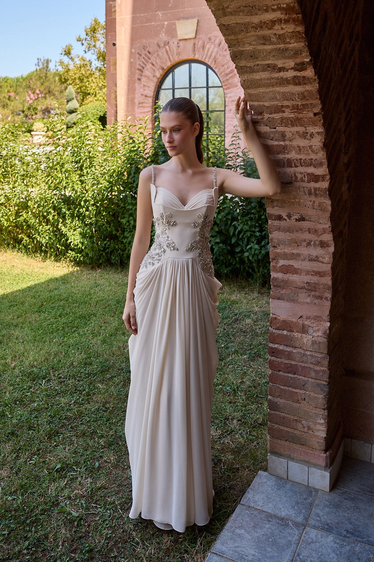 Ismeria Champagne Floral Embellished Draped Gown
