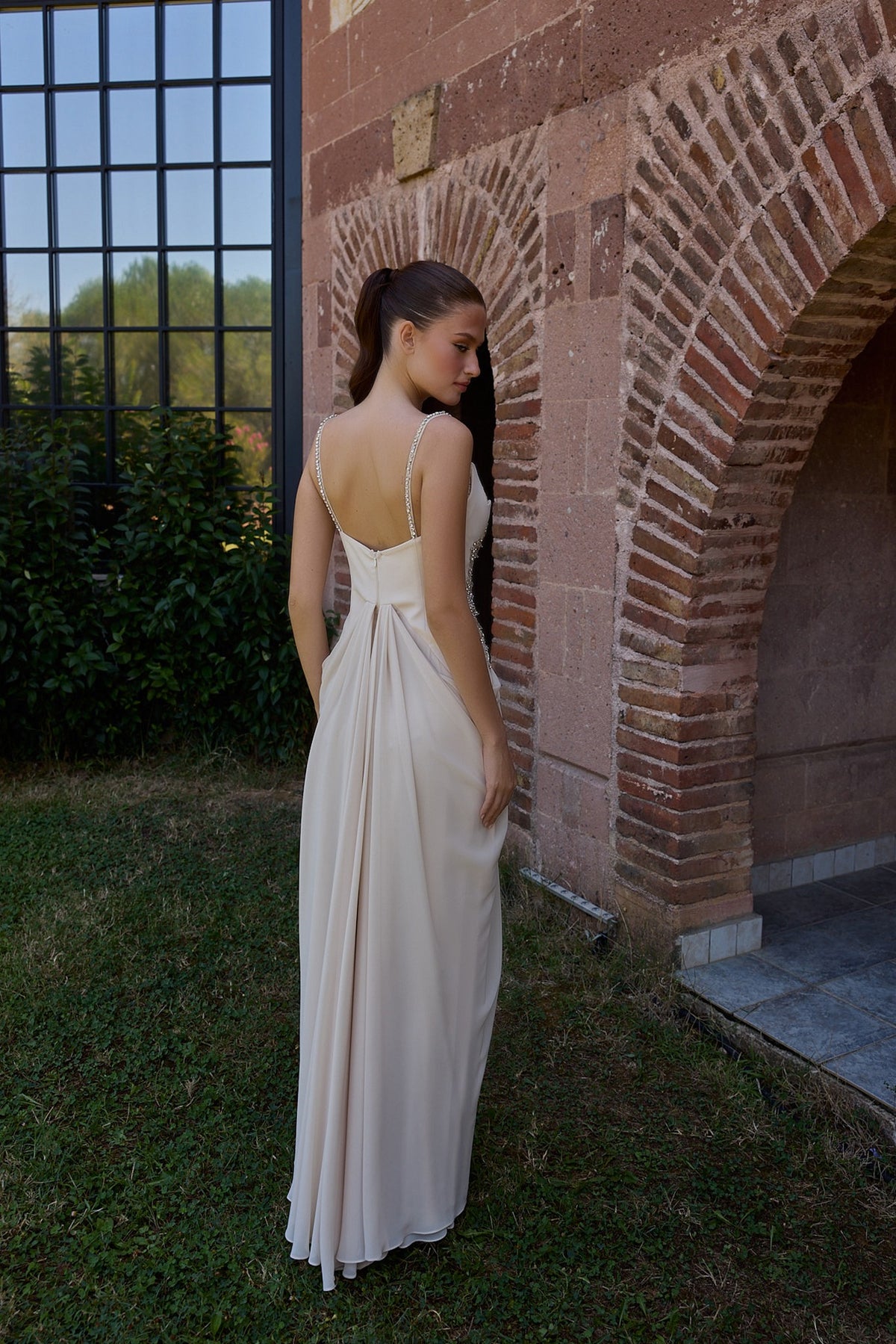 Ismeria Champagne Floral Embellished Draped Gown