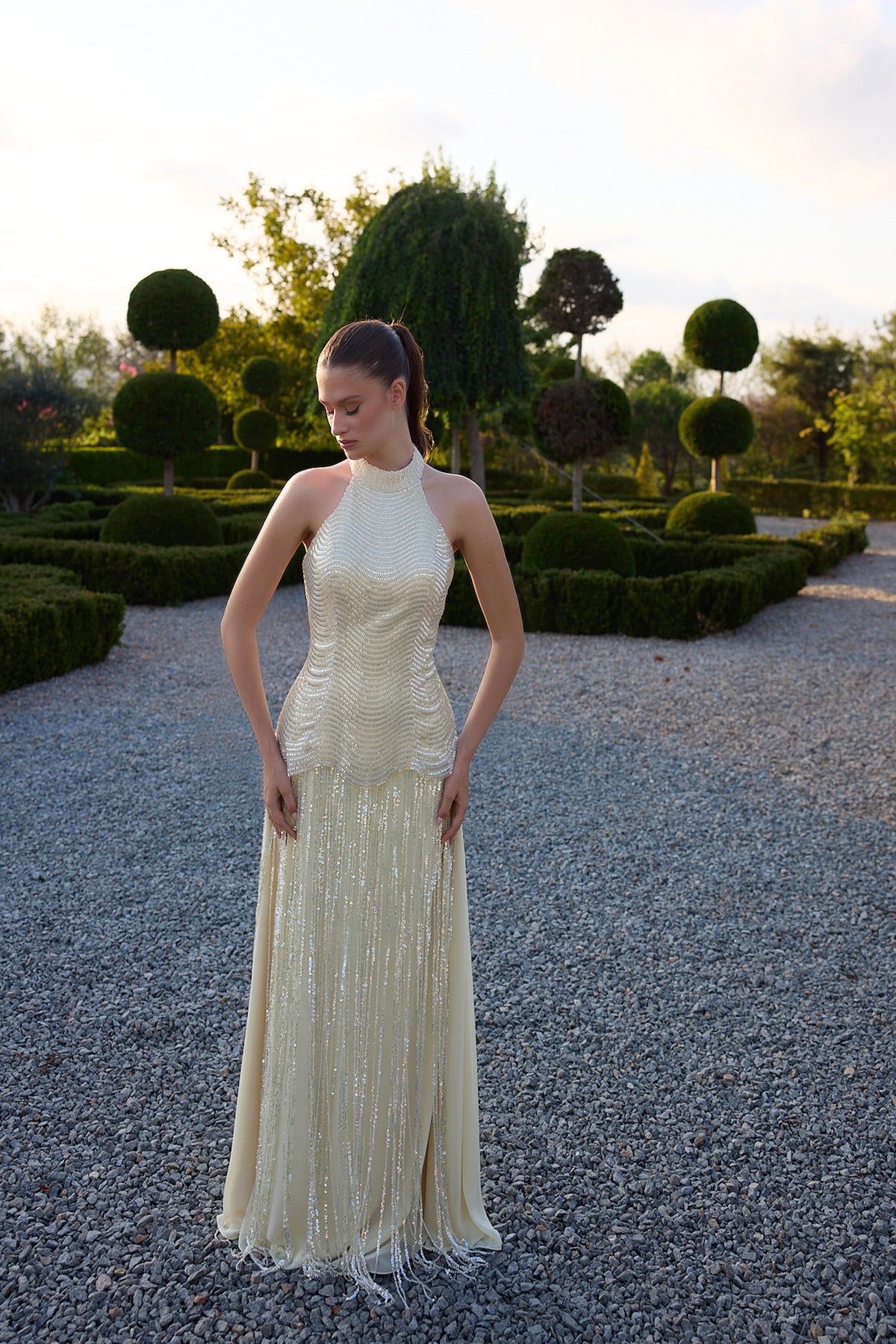 Ivorelle Ivory Beaded Halter Fringe Gown