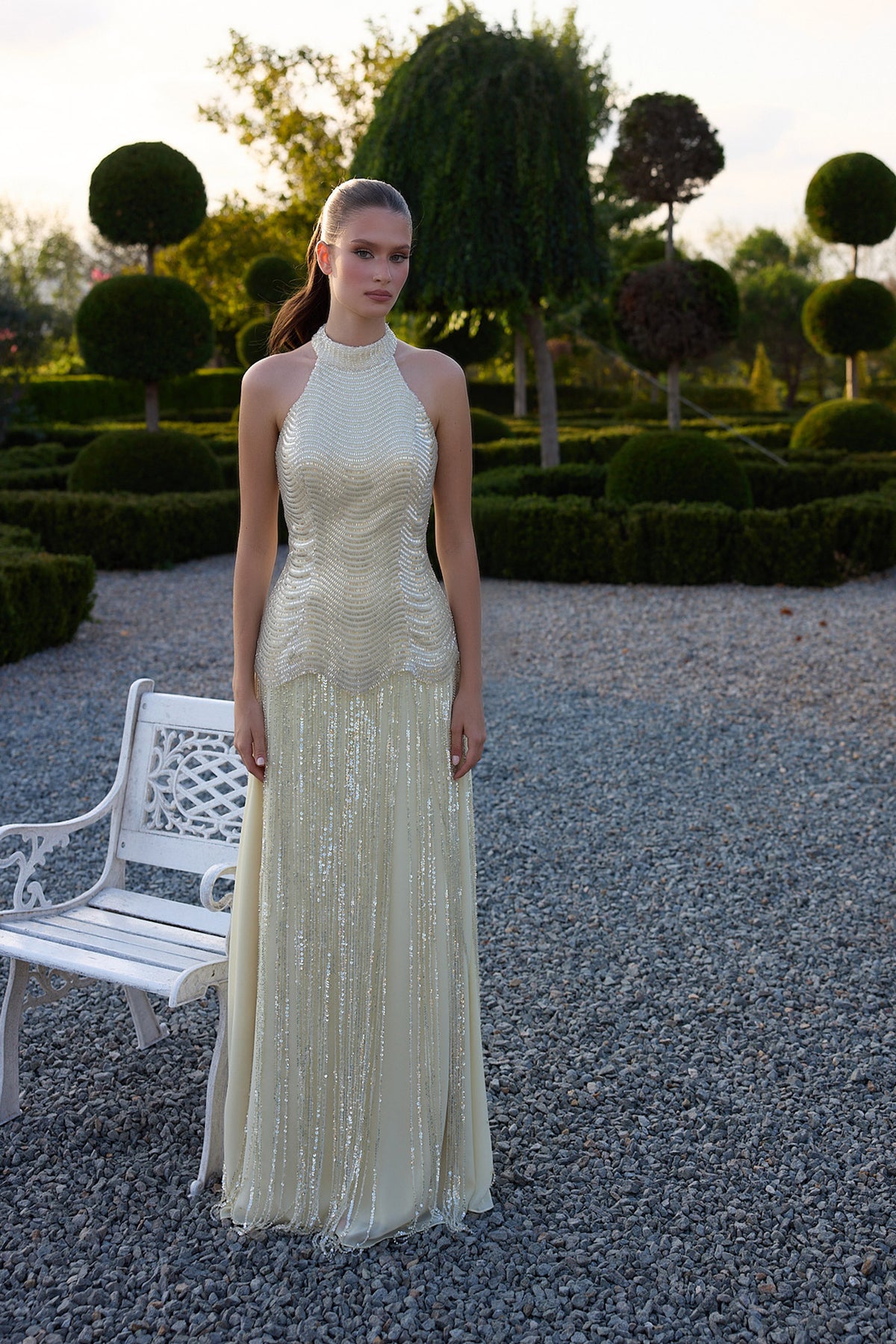 Ivorelle Ivory Beaded Halter Fringe Gown