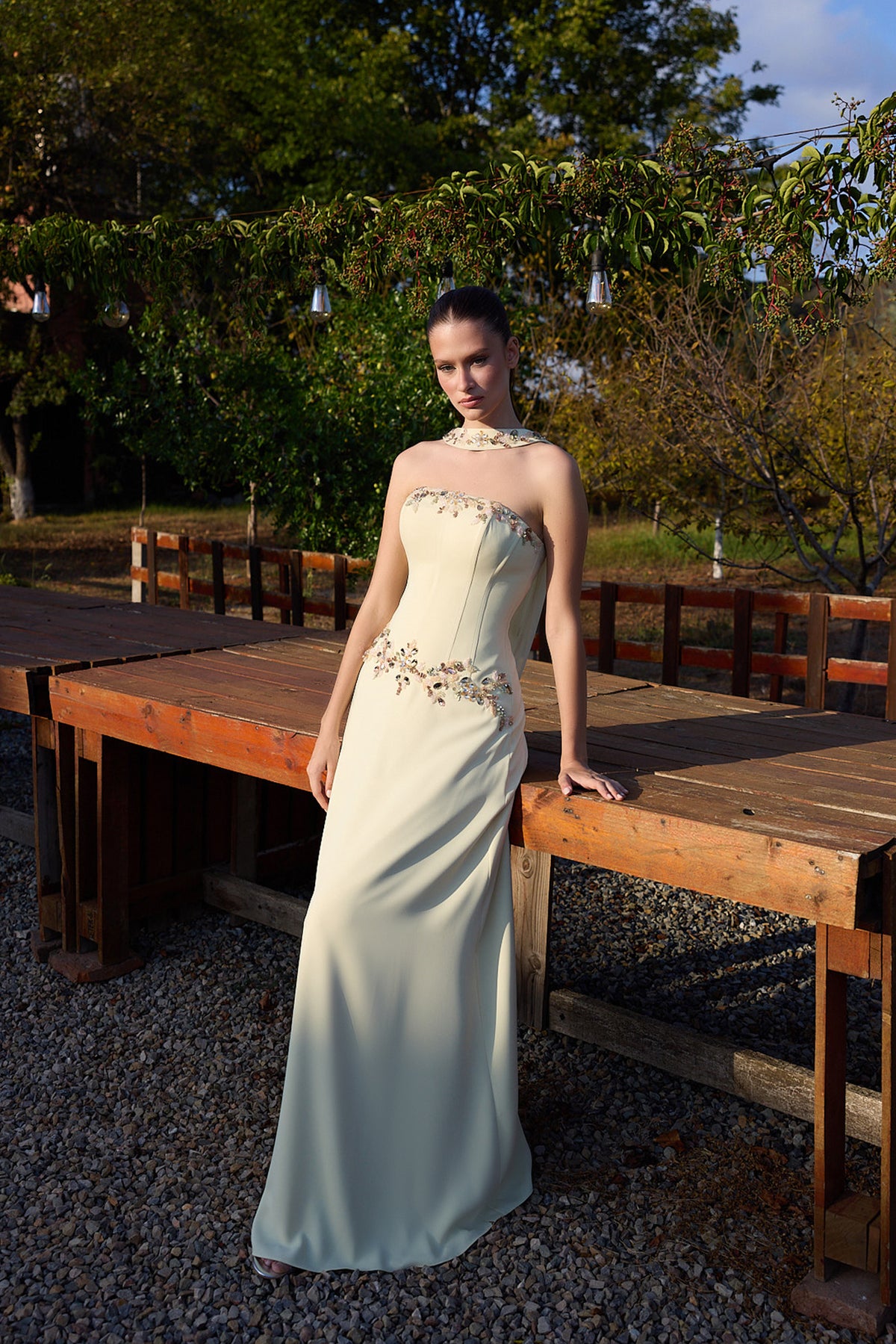 Limonelle Pale Yellow Floral Cape Gown