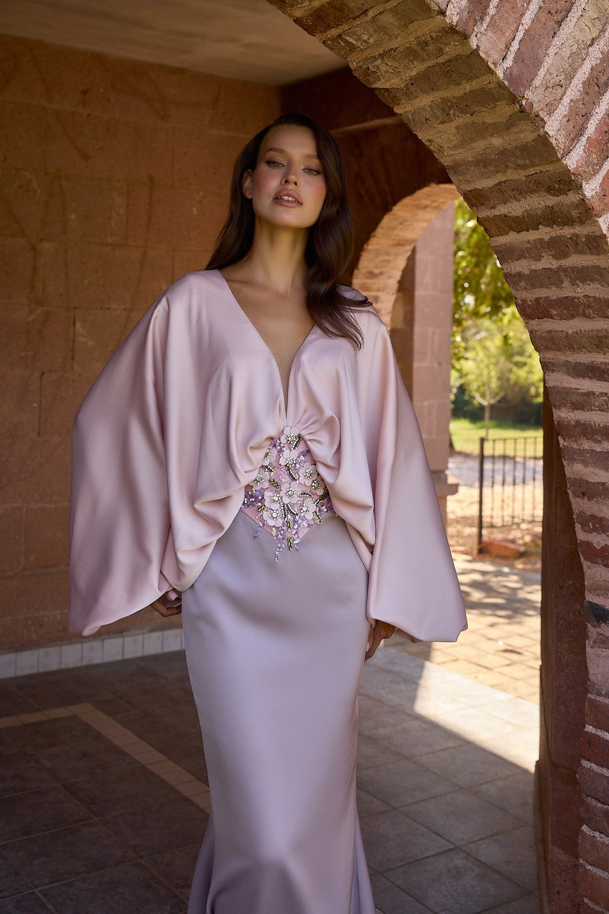 Maelisse Blush Draped Cape Sleeve Evening Gown