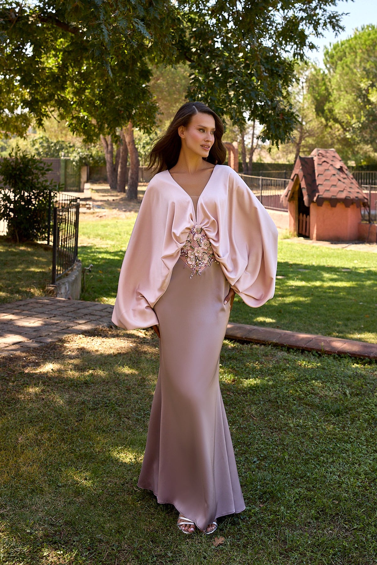 Maelisse Blush Draped Cape Sleeve Evening Gown