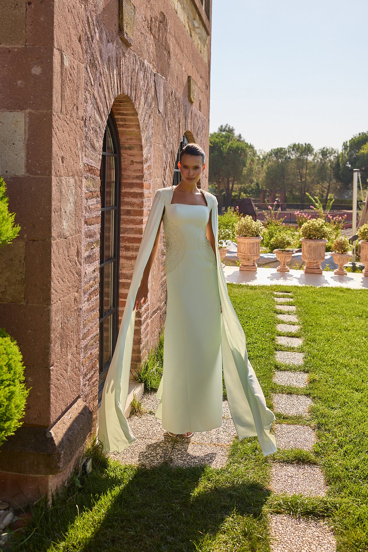 Menthelia Pale Mint Long Cape Evening Gown