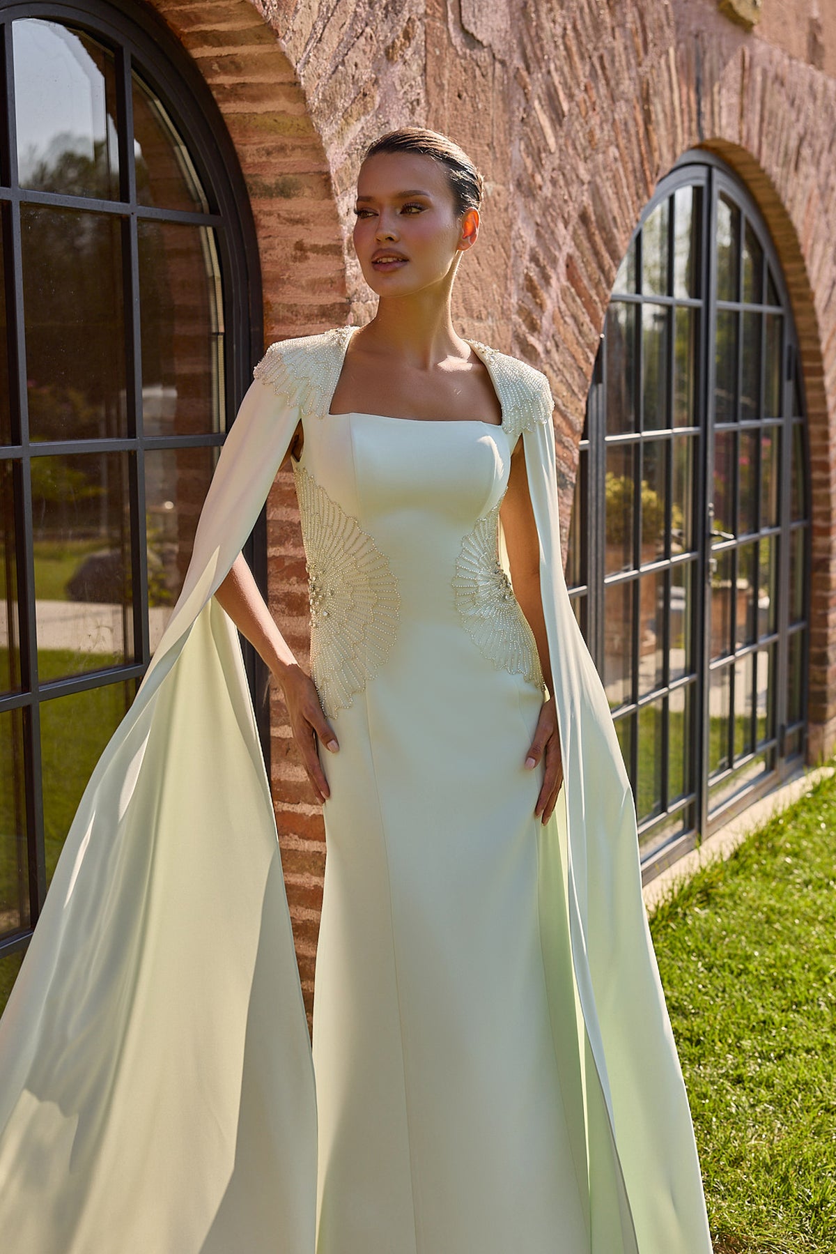 Menthelia Pale Mint Long Cape Evening Gown