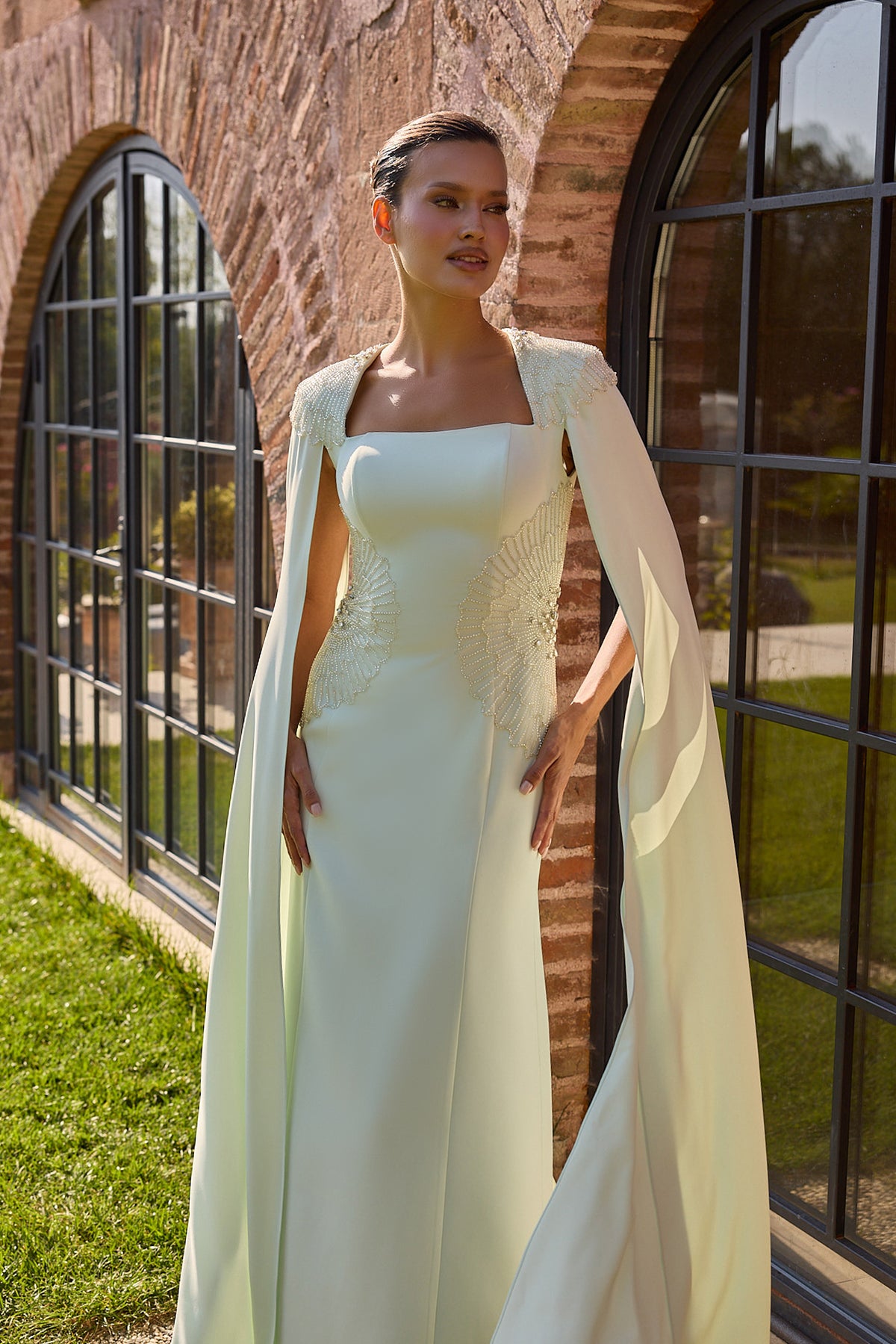Menthelia Pale Mint Long Cape Evening Gown