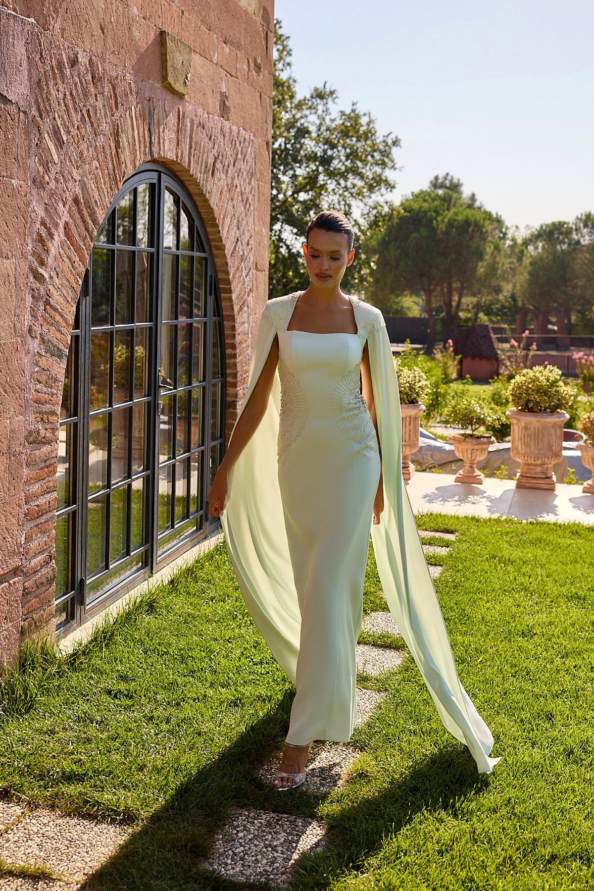 Menthelia Pale Mint Long Cape Evening Gown