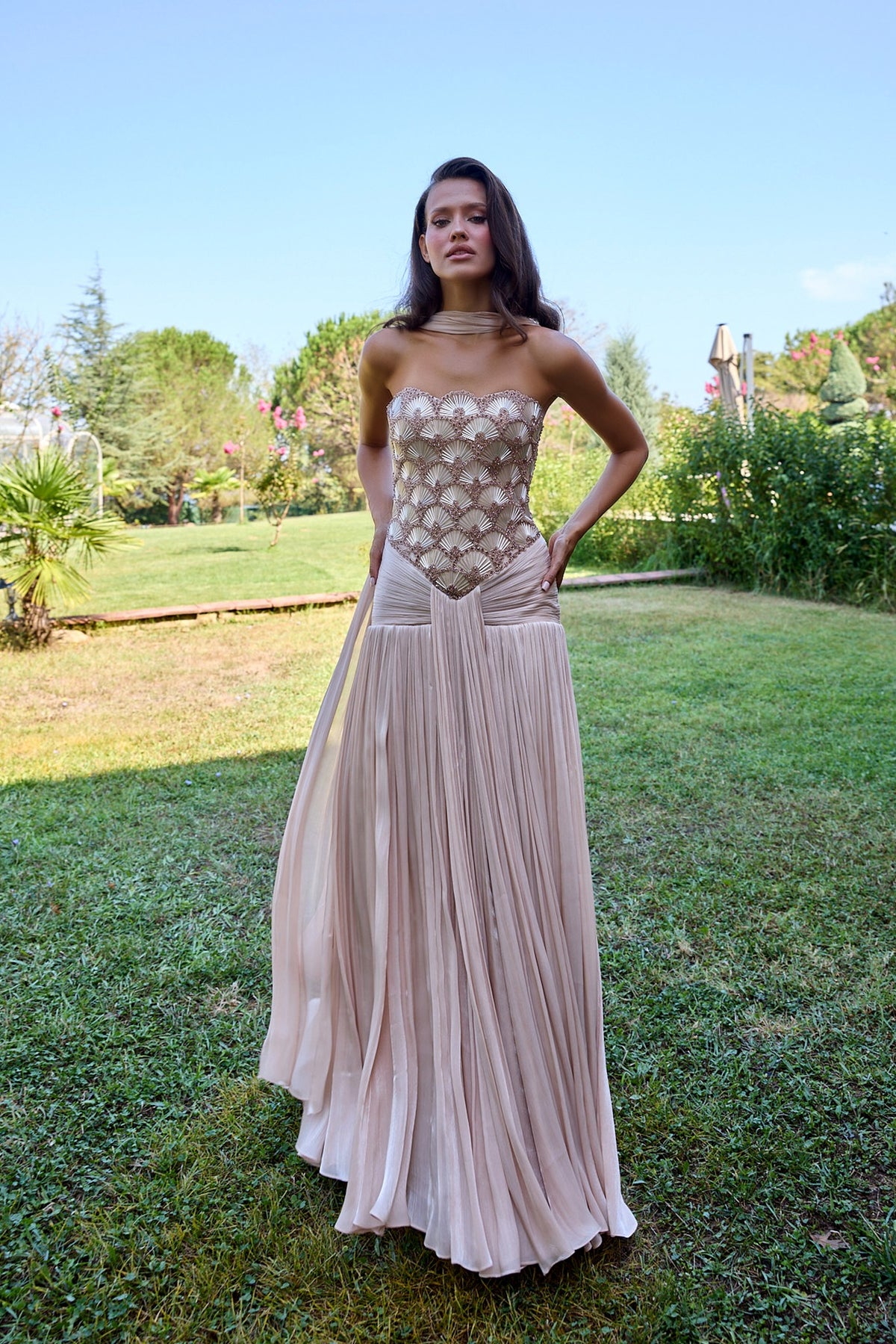 Ondelia Blush Scalloped Bodice Pleated Gown