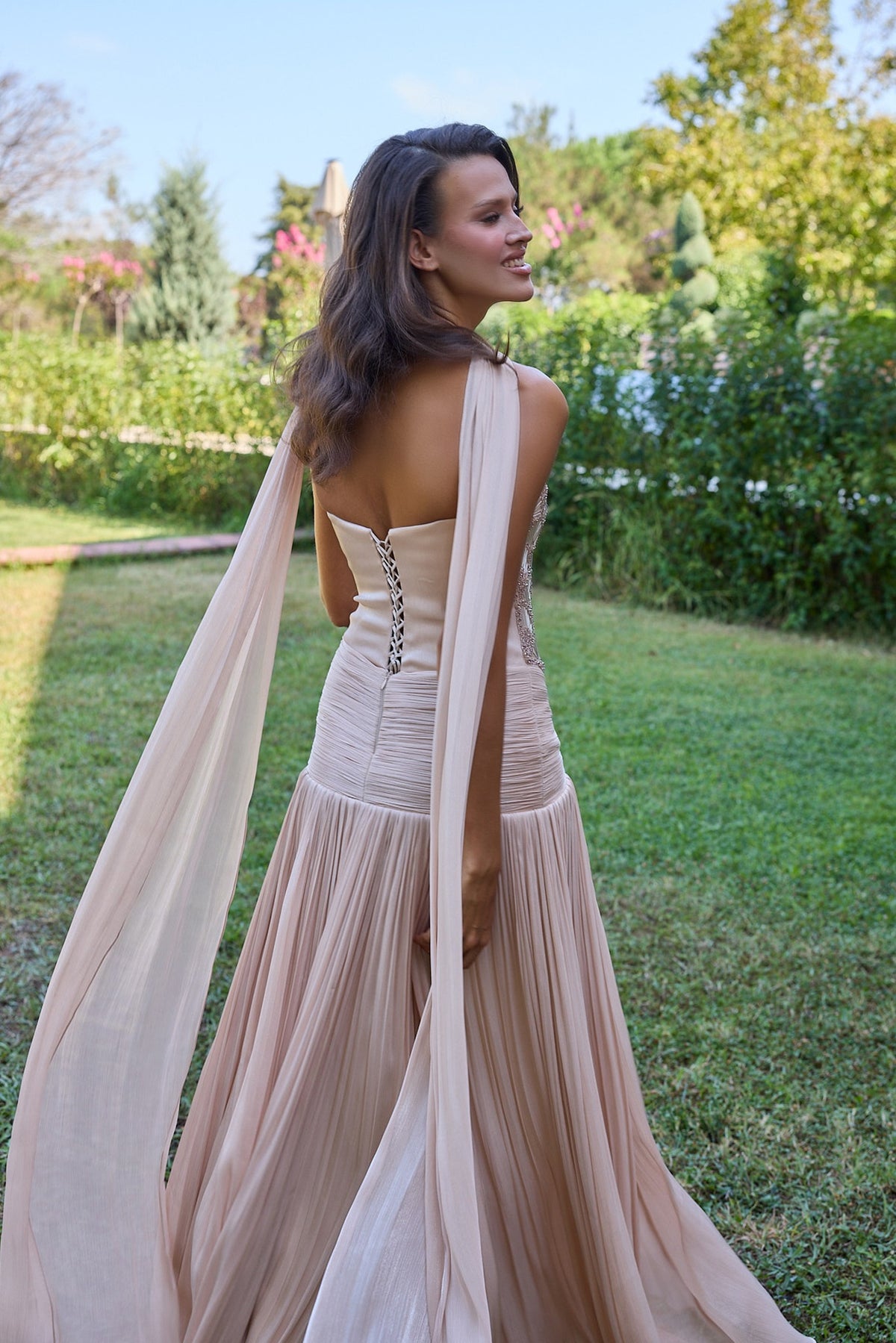 Ondelia Blush Scalloped Bodice Pleated Gown