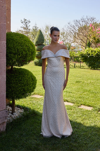 Opalisse Embellished Off-Shoulder Evening Gown