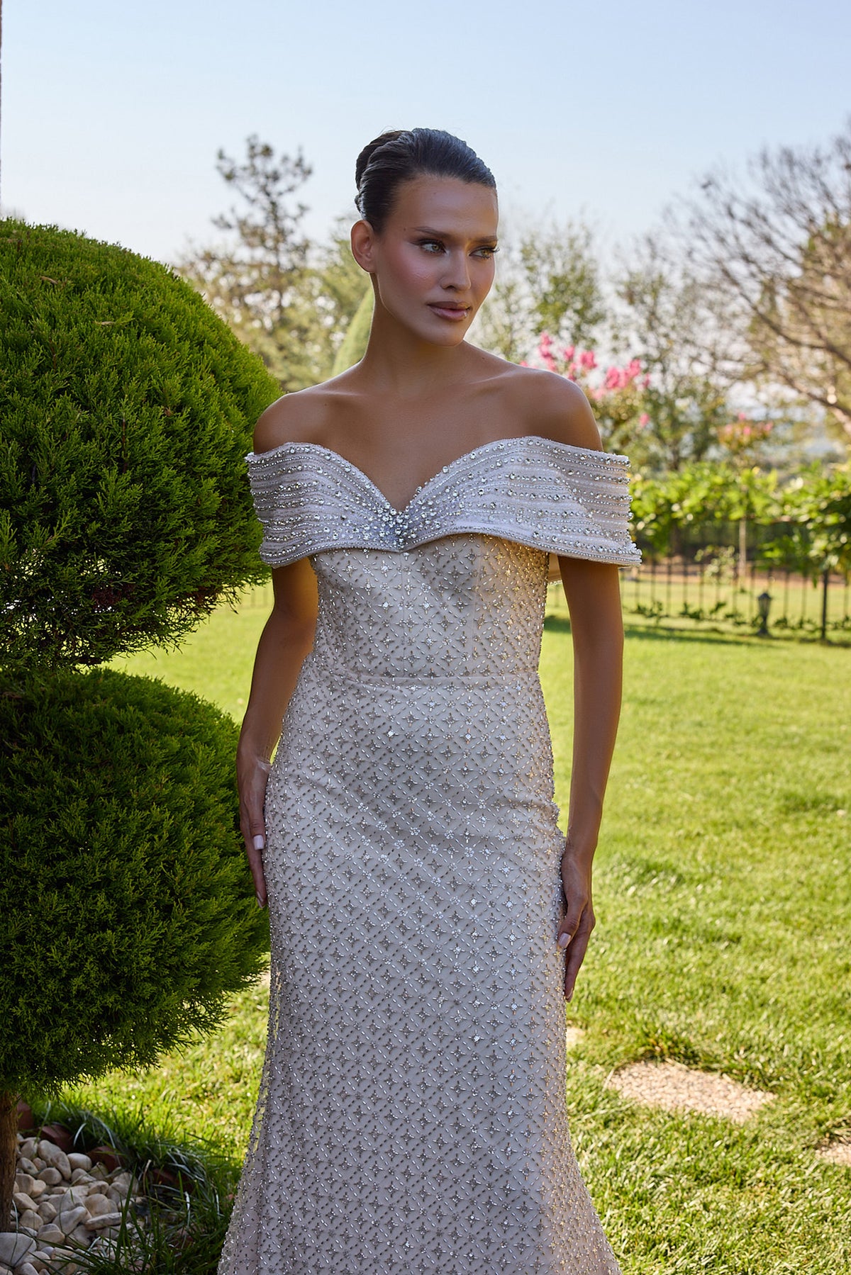 Opalisse Embellished Off-Shoulder Evening Gown
