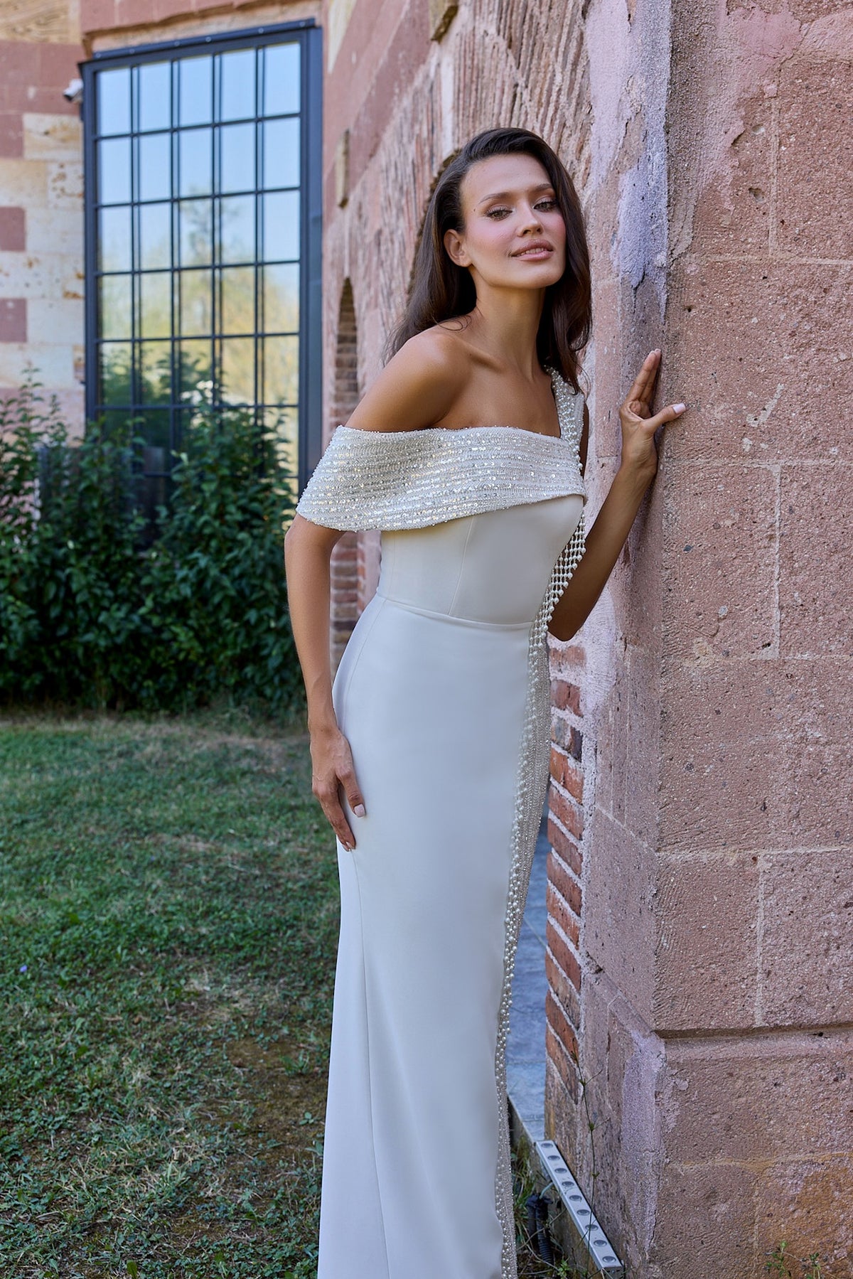 Perline Ivory Asymmetric Beaded Evening Dress