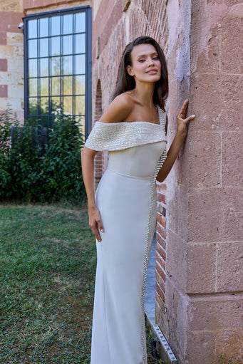 Perline Ivory Asymmetric Beaded Evening Dress