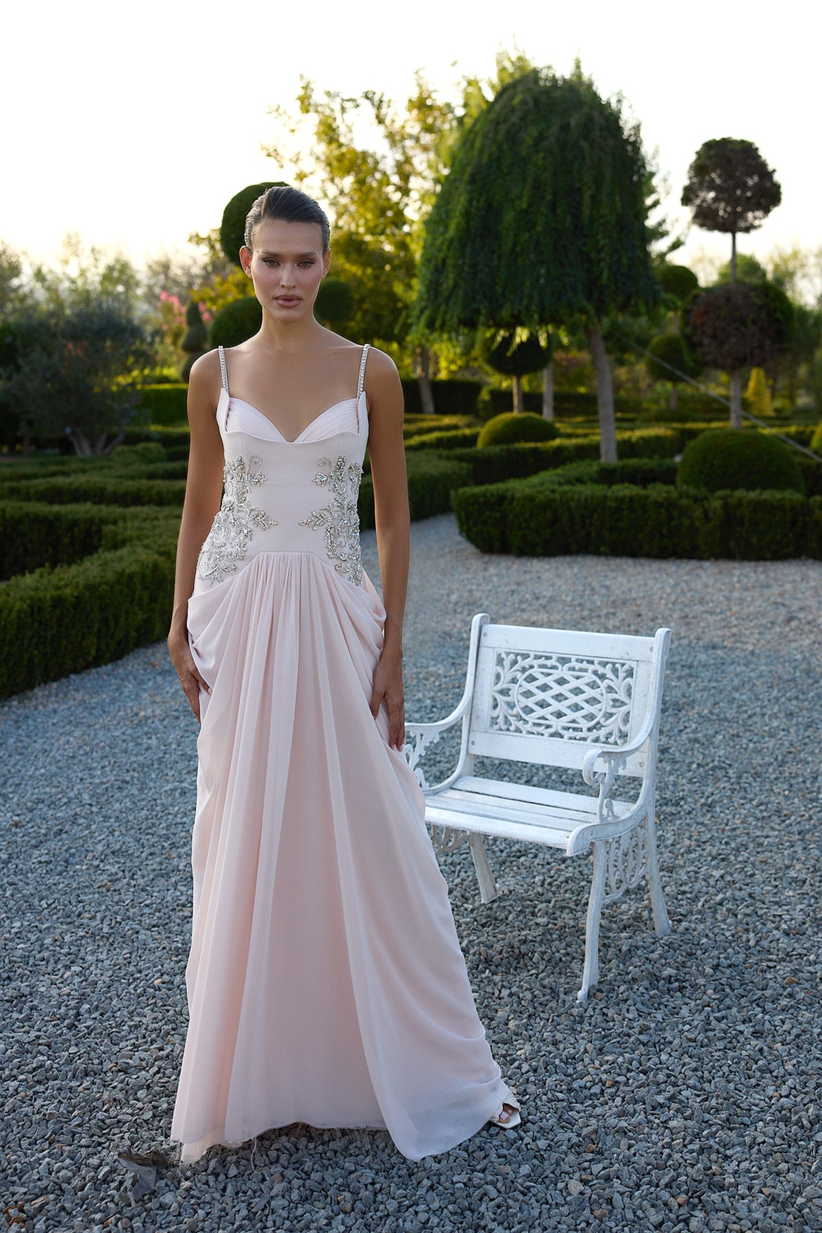 Petalisse Blush Floral Draped Evening Gown