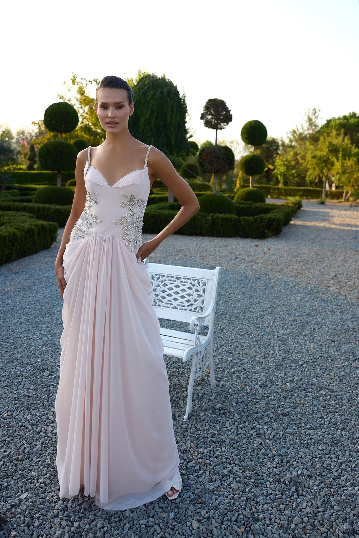 Petalisse Blush Floral Draped Evening Gown