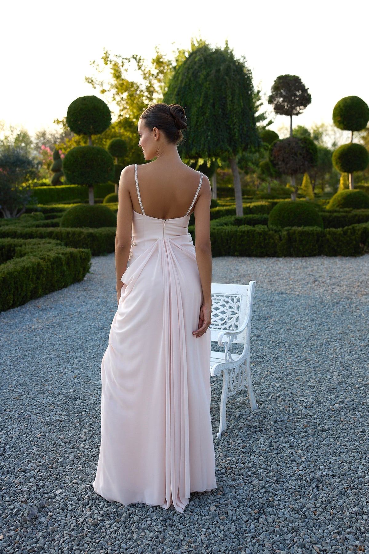 Petalisse Blush Floral Draped Evening Gown