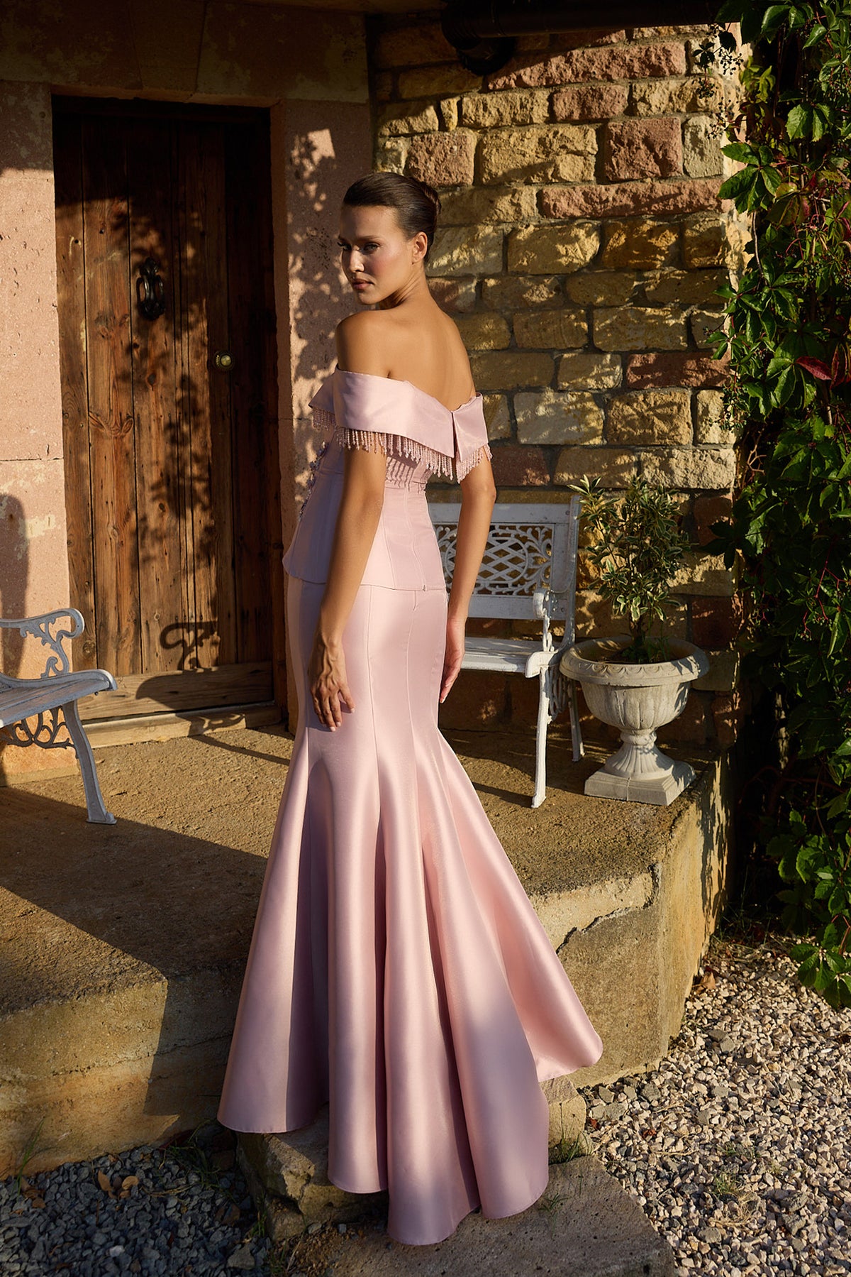 Rosalune Pink Fringe Off-Shoulder Mermaid Gown