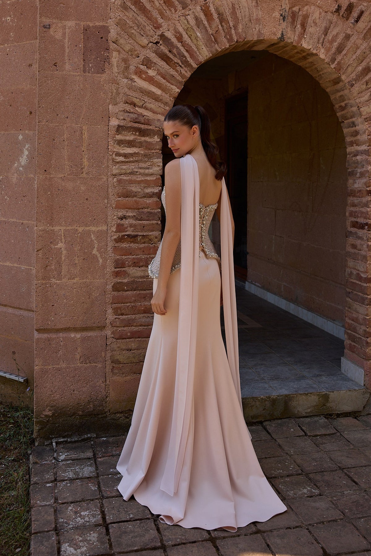 Rosavelle Blush Beaded Corset Evening Gown