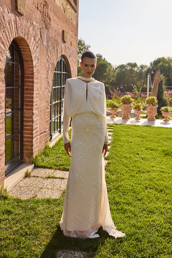 Serenelle Ivory Draped Cape Embellished Gown