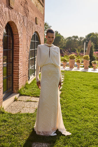 Serenelle Ivory Draped Cape Embellished Gown