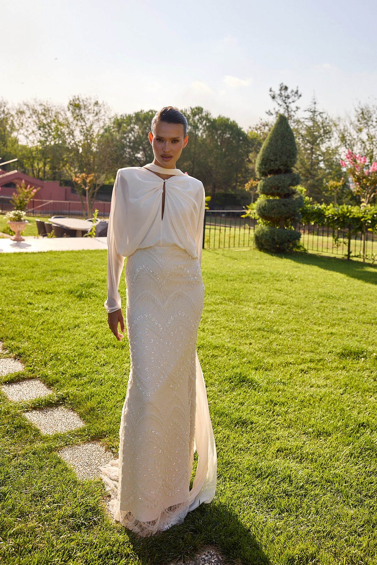 Serenelle Ivory Draped Cape Embellished Gown