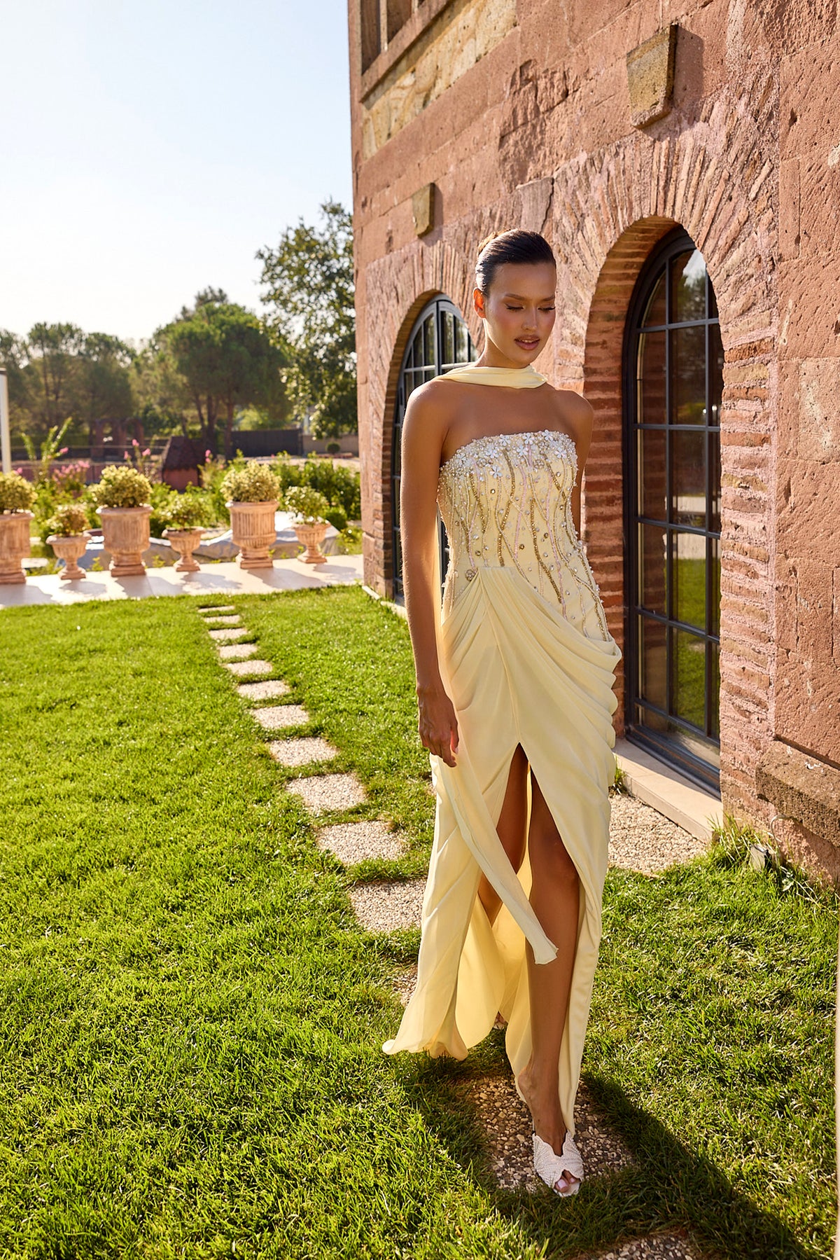 Solivienne Embellished Draped Scarf Gown