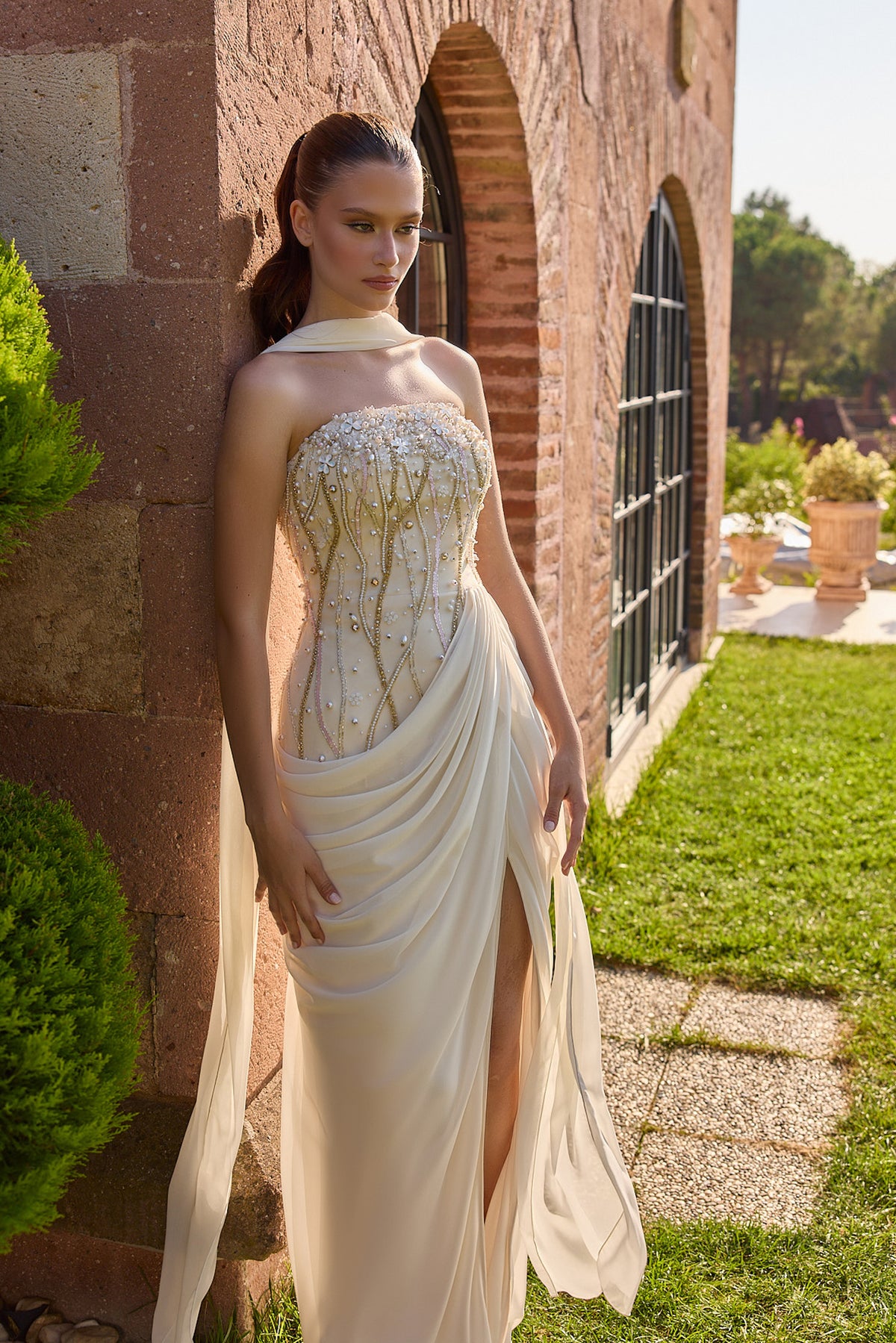 Solivienne Embellished Draped Scarf Gown