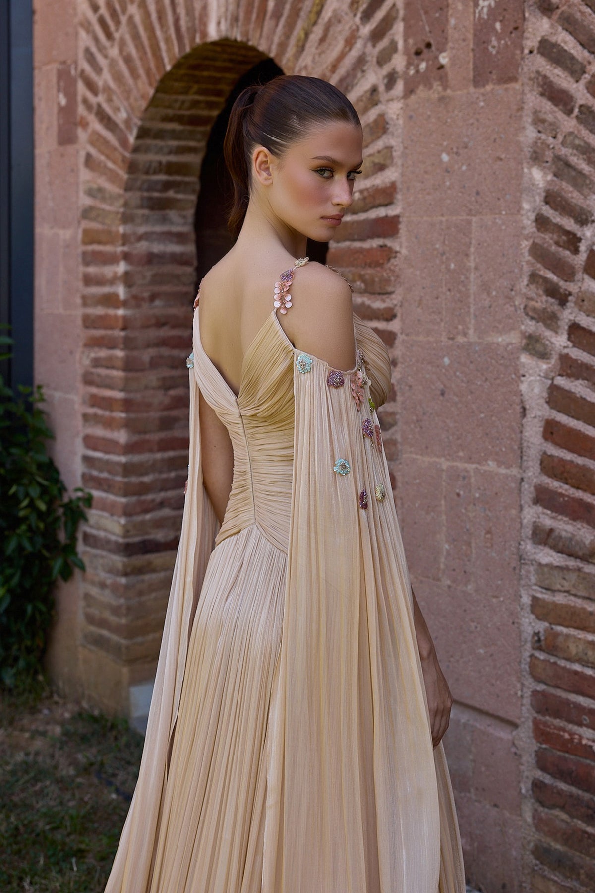Solmira Champagne Pleated Cape Evening Gown