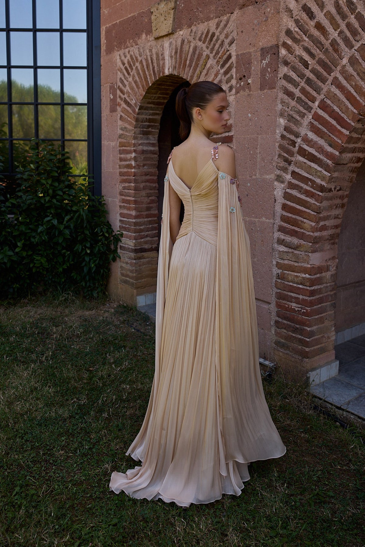 Solmira Champagne Pleated Cape Evening Gown