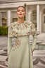 Elegant modest evening gown for weddings and gala nights with floral cape detail
