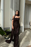 Elegant sequin evening gown in deep chocolate with glamorous off-shoulder styling