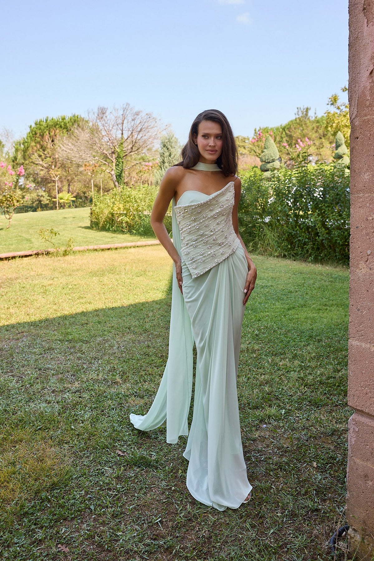 Sylvara Mint Embellished Corset Draped Gown