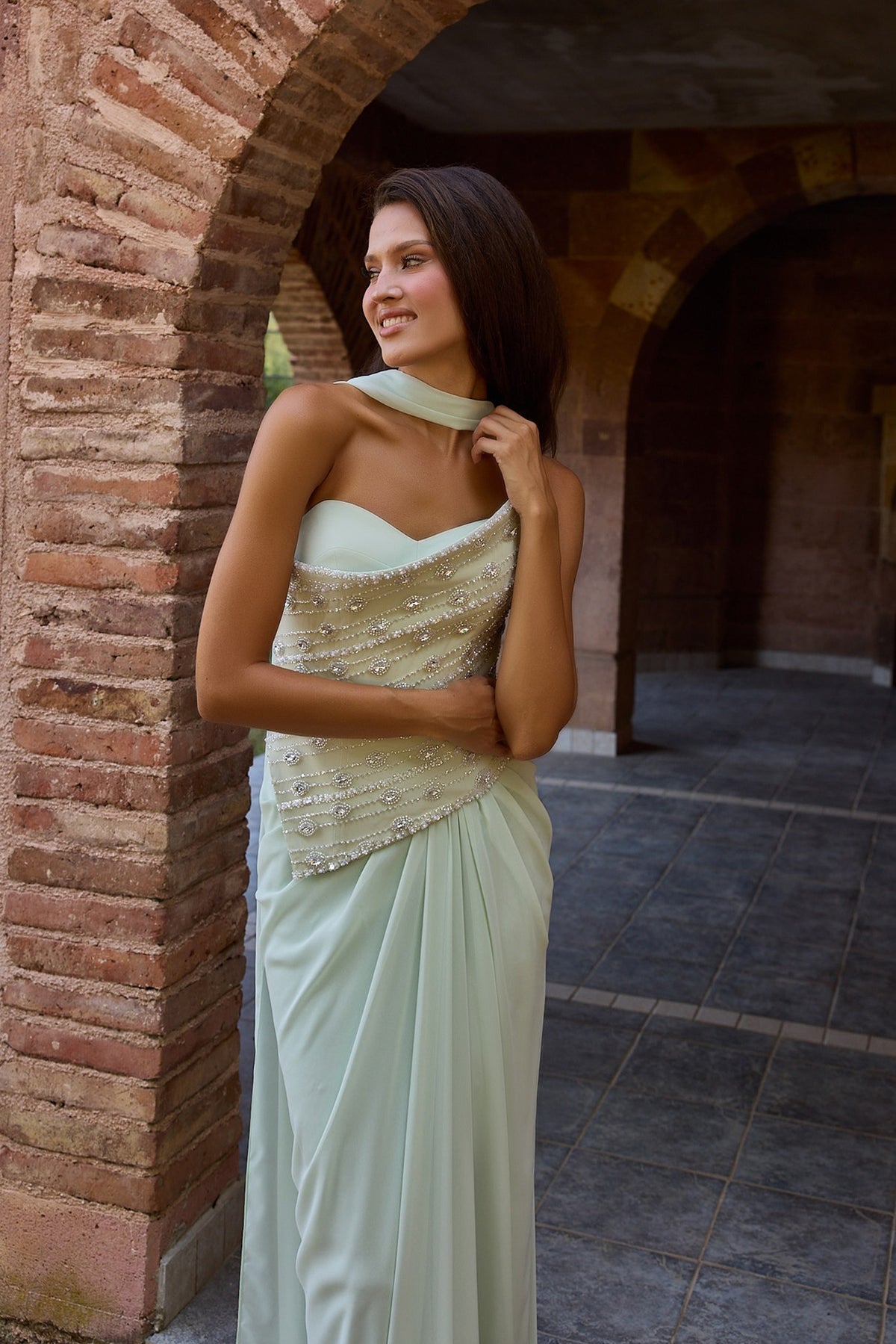 Sylvara Mint Embellished Corset Draped Gown