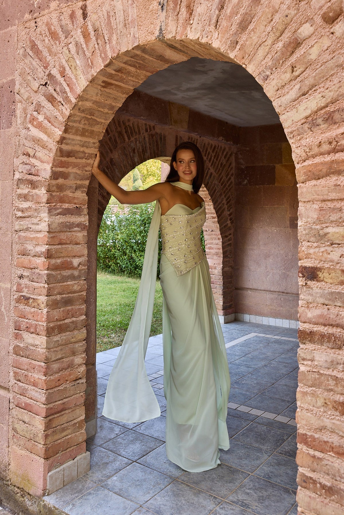 Sylvara Mint Embellished Corset Draped Gown
