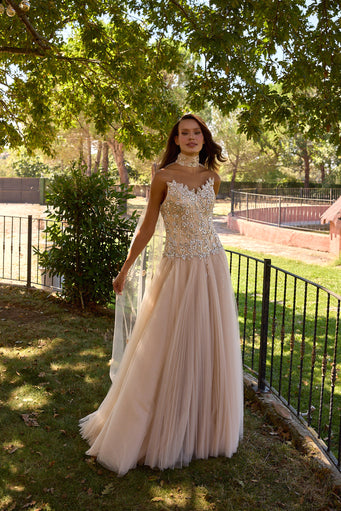 Velouria Champagne Embellished Tulle Cape Gown