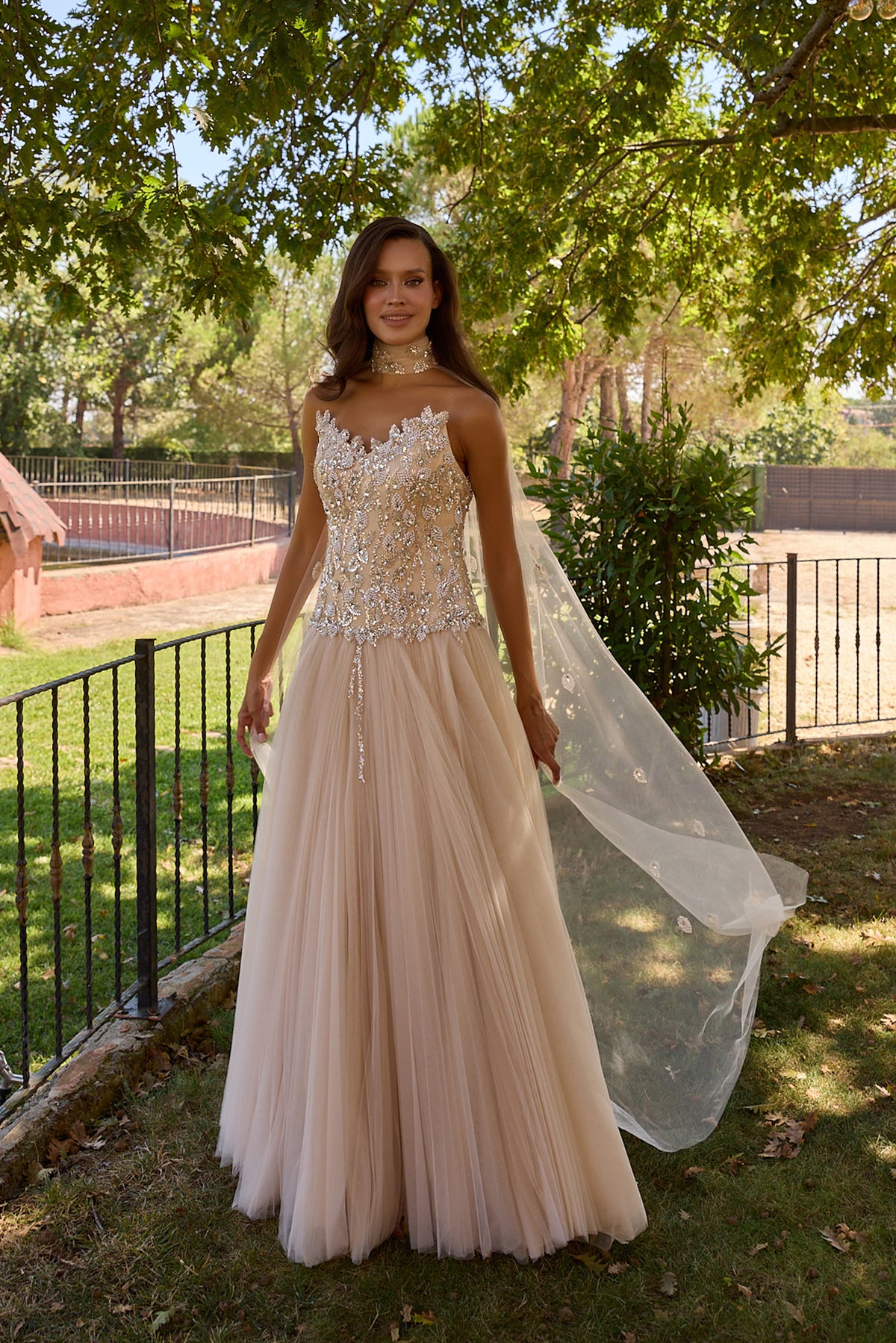 Velouria Champagne Embellished Tulle Cape Gown
