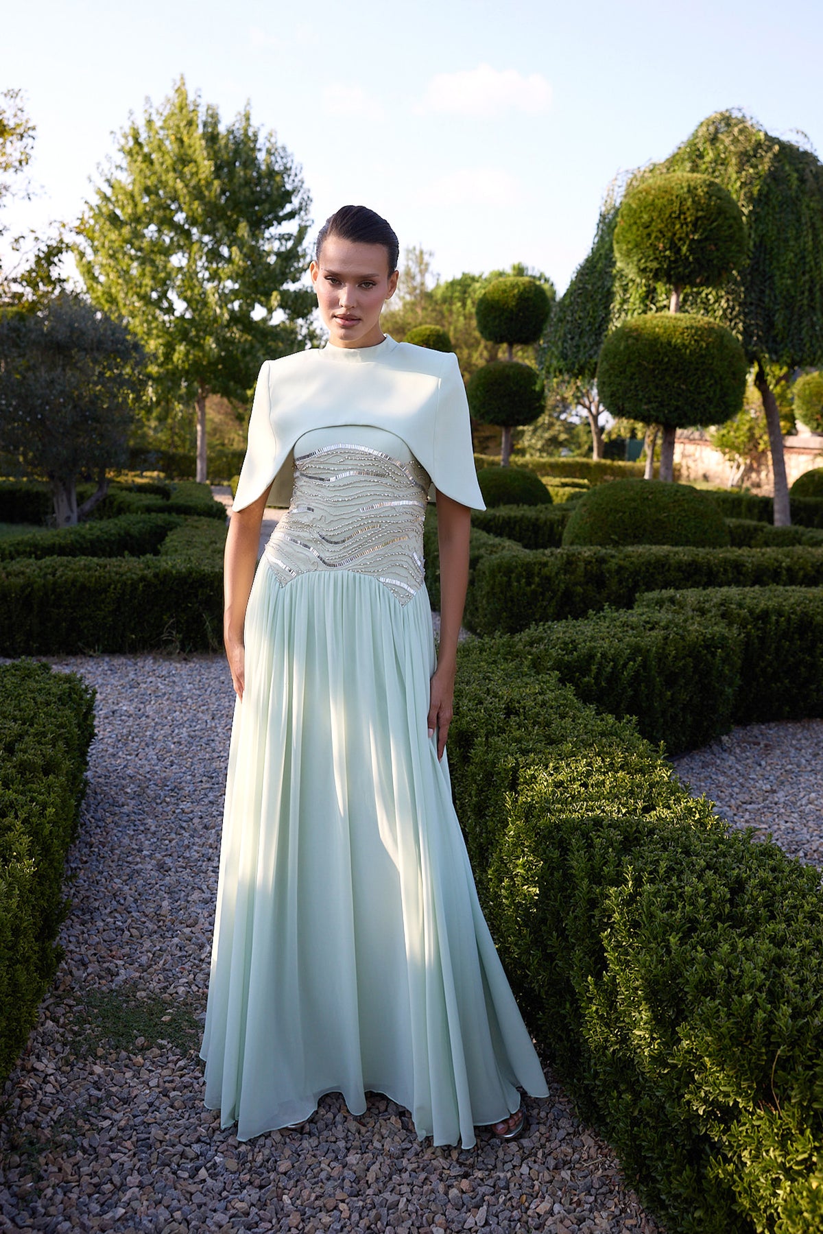 Verdemira Mint Embellished Cape Pleated Gown