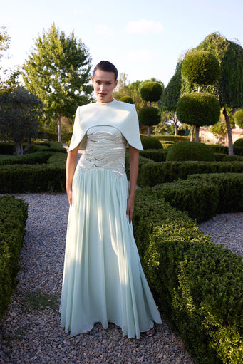 Verdemira Mint Embellished Cape Pleated Gown