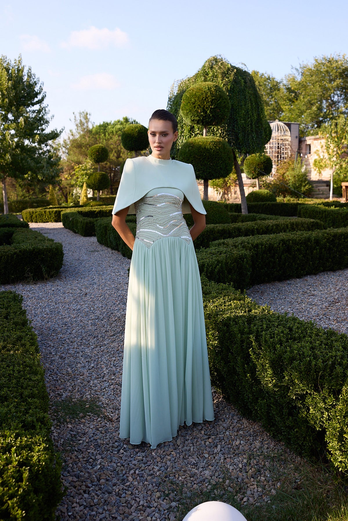 Verdemira Mint Embellished Cape Pleated Gown