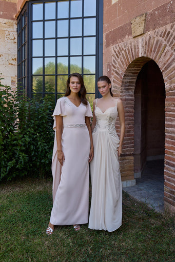 Vionelle Blush Flutter Sleeve Fringe Cape Gown