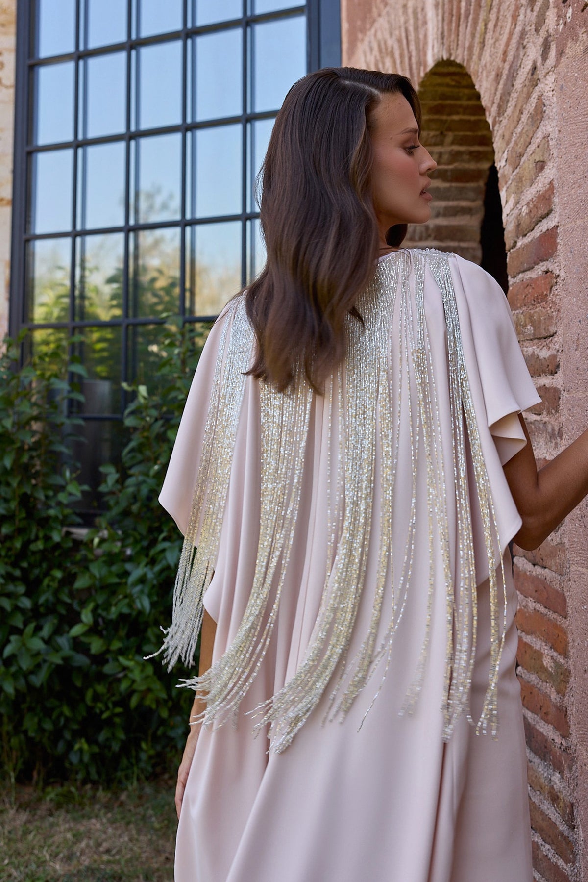 Vionelle Blush Flutter Sleeve Fringe Cape Gown