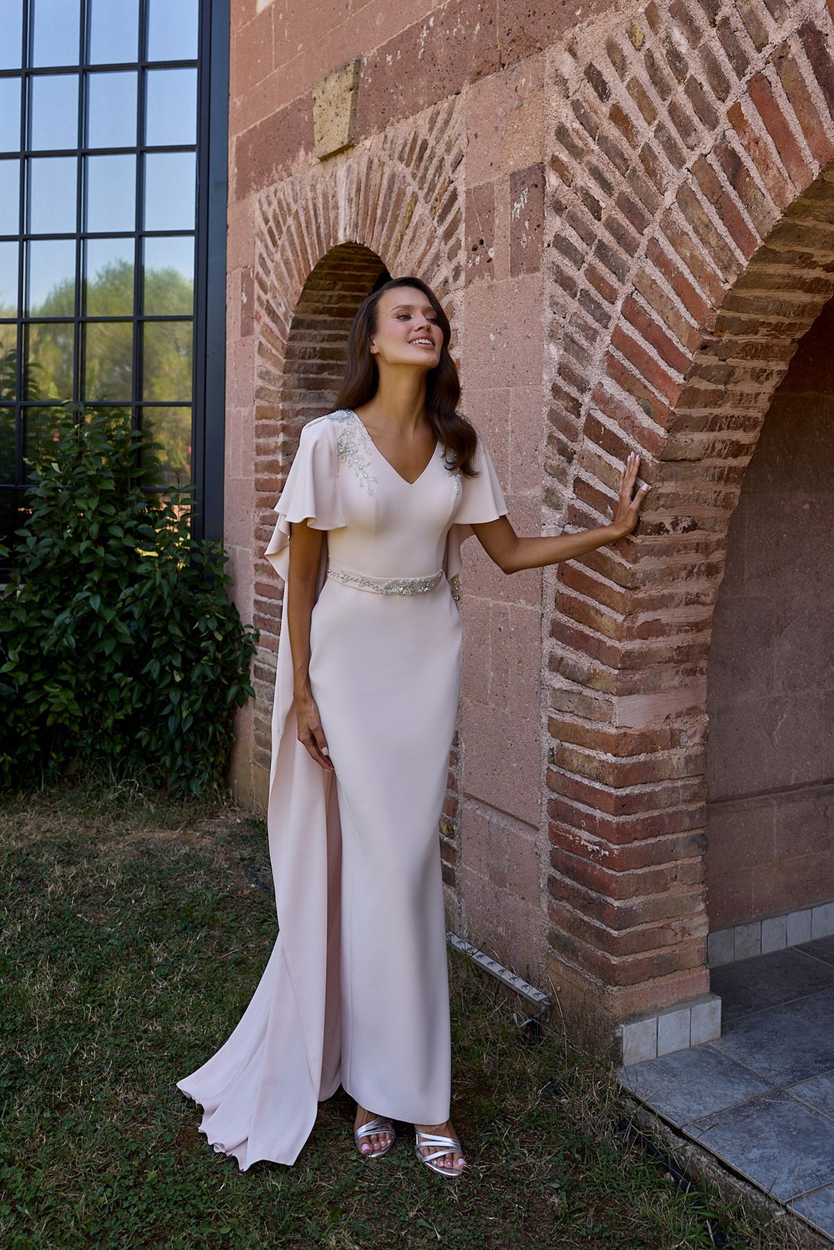 Vionelle Blush Flutter Sleeve Fringe Cape Gown
